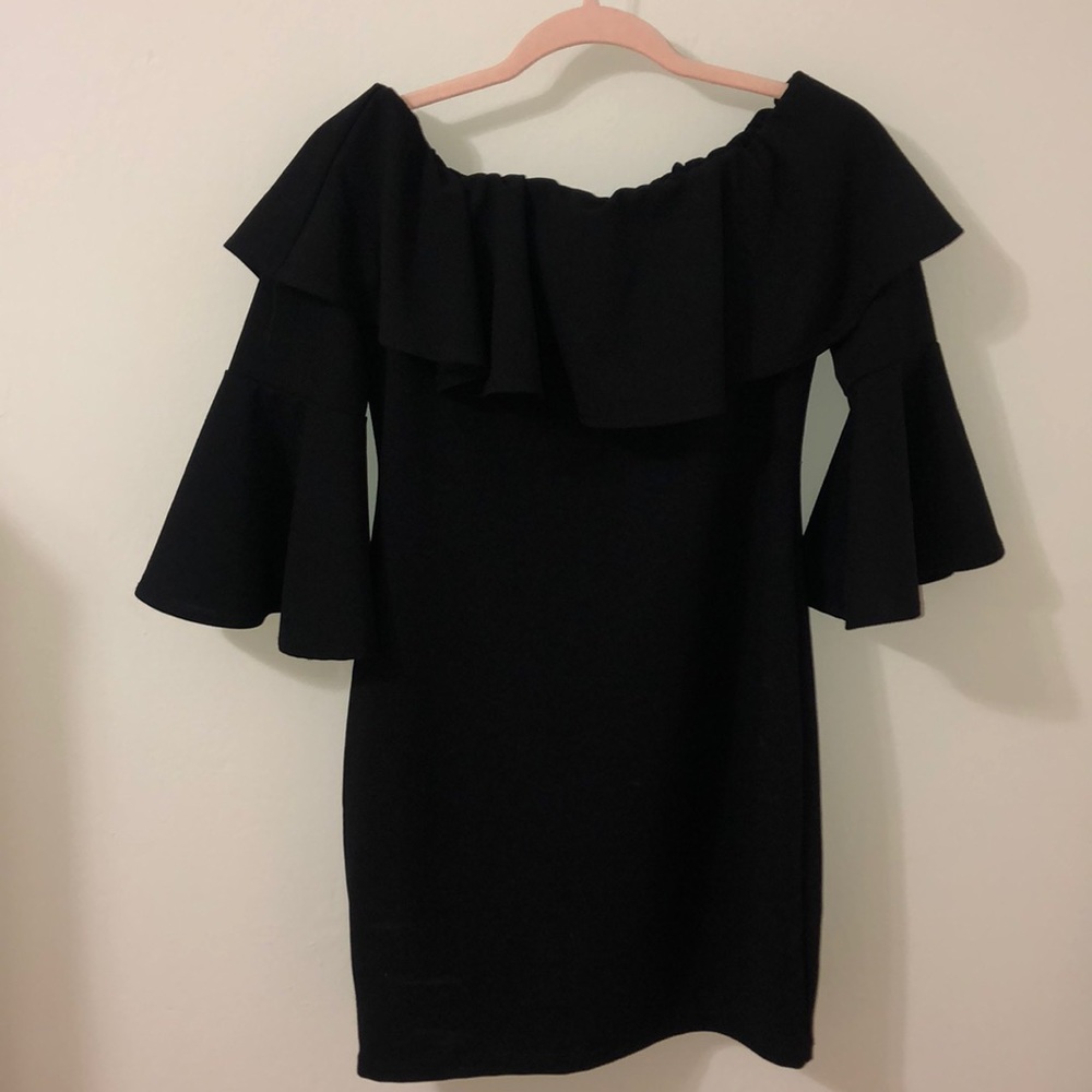 Black off the shoulder dress with bell sleeves